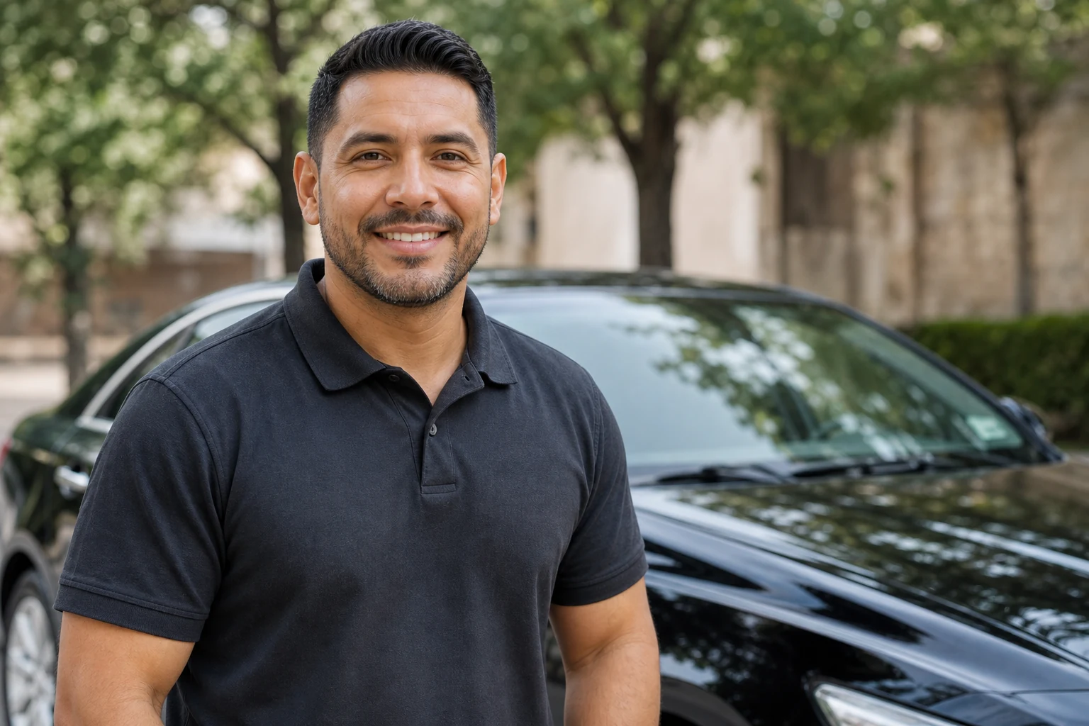 Marcus Hale, owner of Blackline Detail Co., standing beside a detailed vehicle