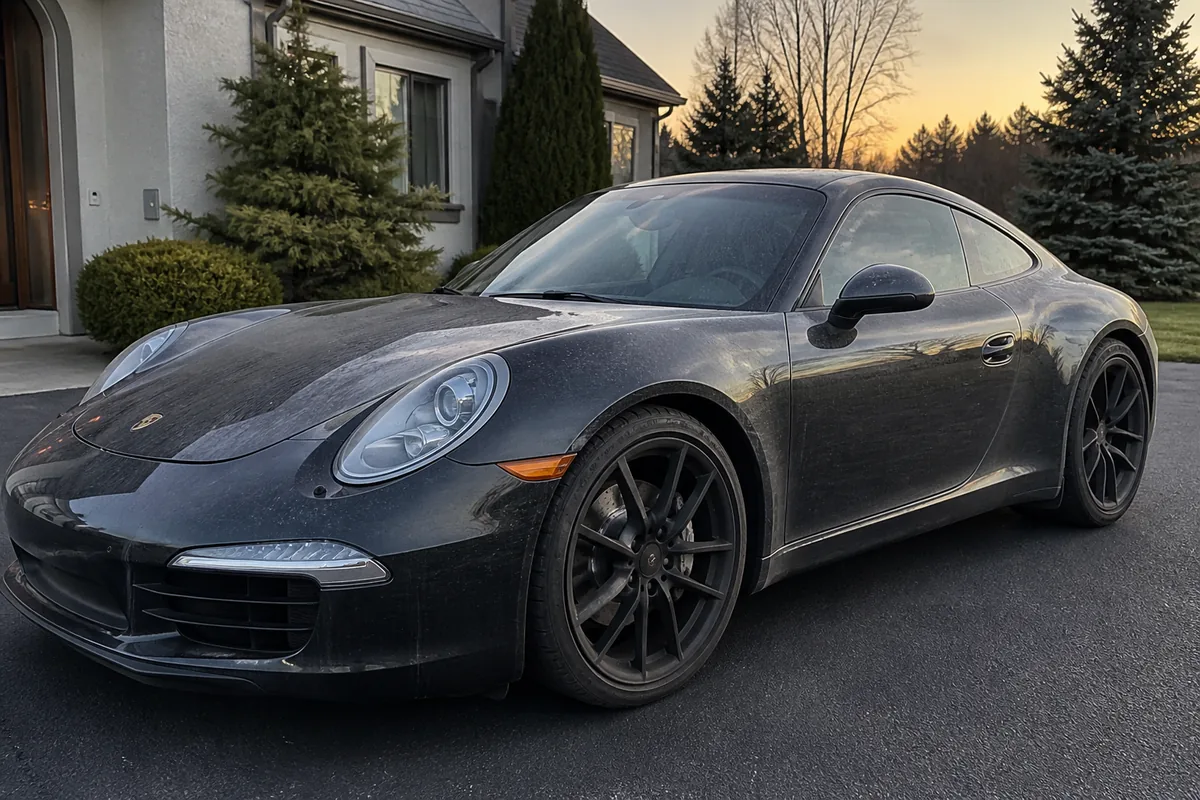Charcoal sports coupe with dull, salt-filmed paint before correction (demo imagery)