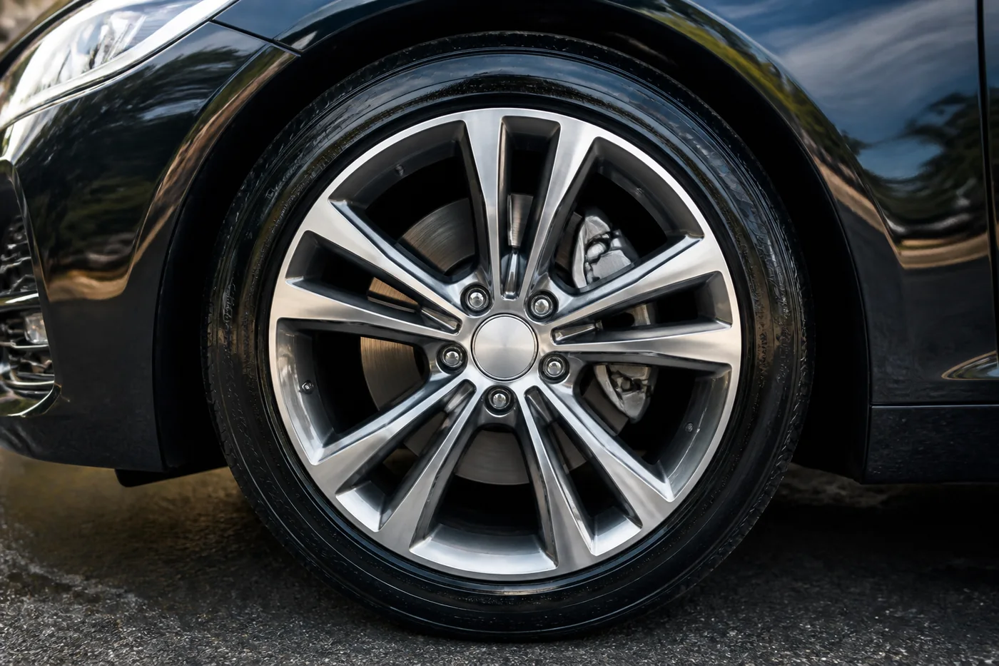 Cleaned wheel and dressed tire after detailing (demo imagery)