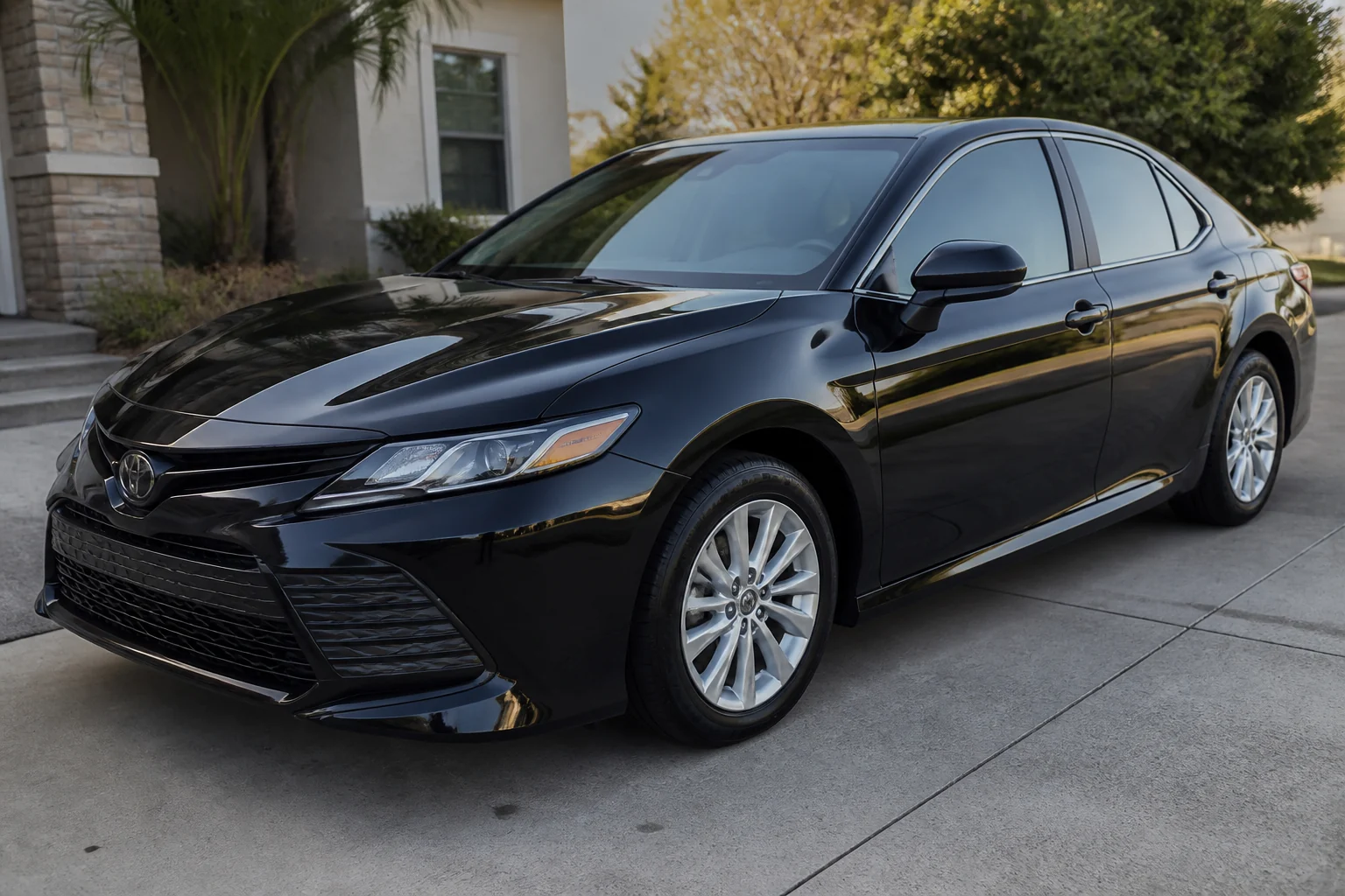Same-angle dark sedan exterior after a Blackline demo detail (fictional demo imagery)