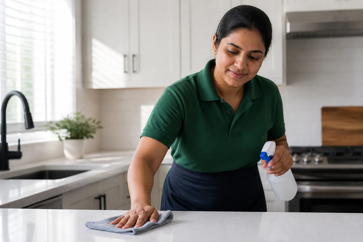 Home cleaner finishing a kitchen counter in a bright modern home