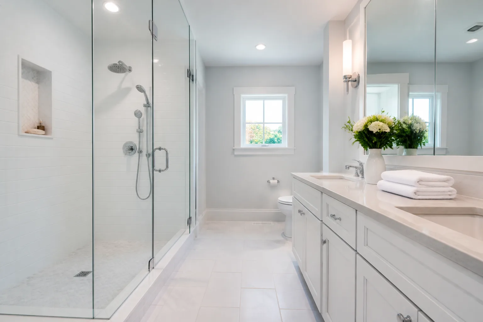 Freshly cleaned bathroom with gleaming fixtures and folded towels