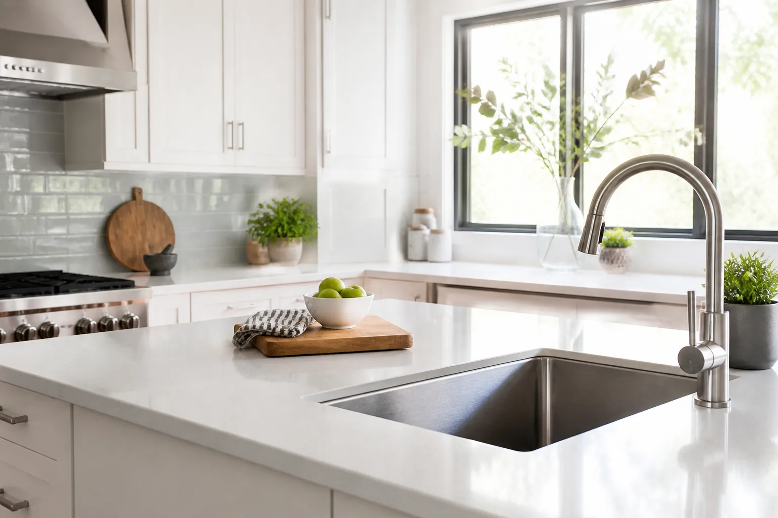 Spotless modern kitchen counters and sink after a home cleaning