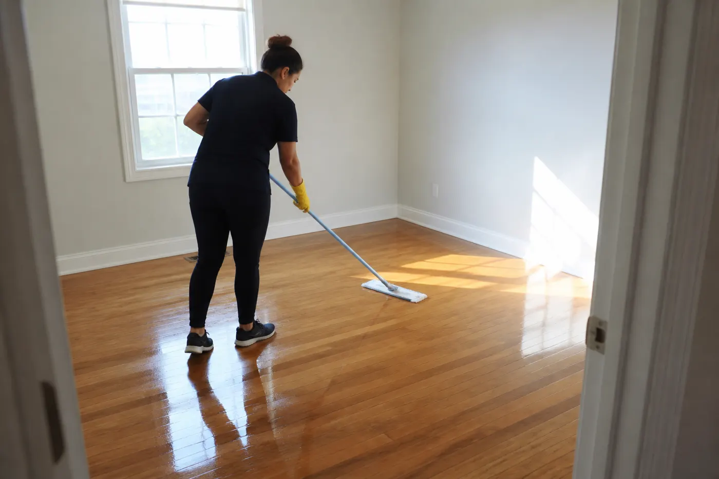 Cleaner mopping an empty bedroom floor for a move-out handoff