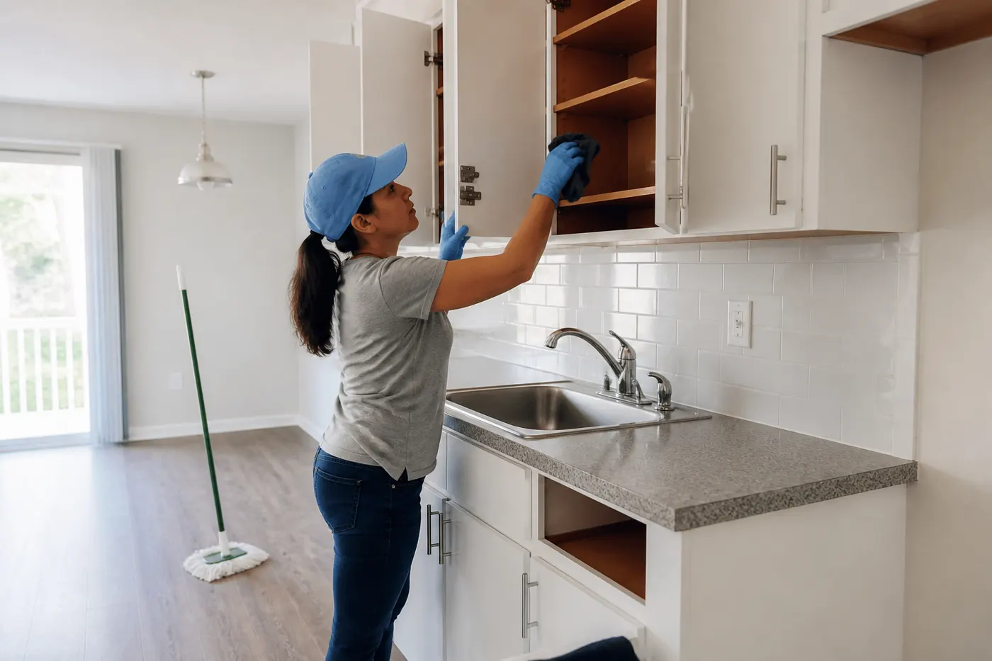 Cleaner wiping empty kitchen cabinets during a move-out clean
