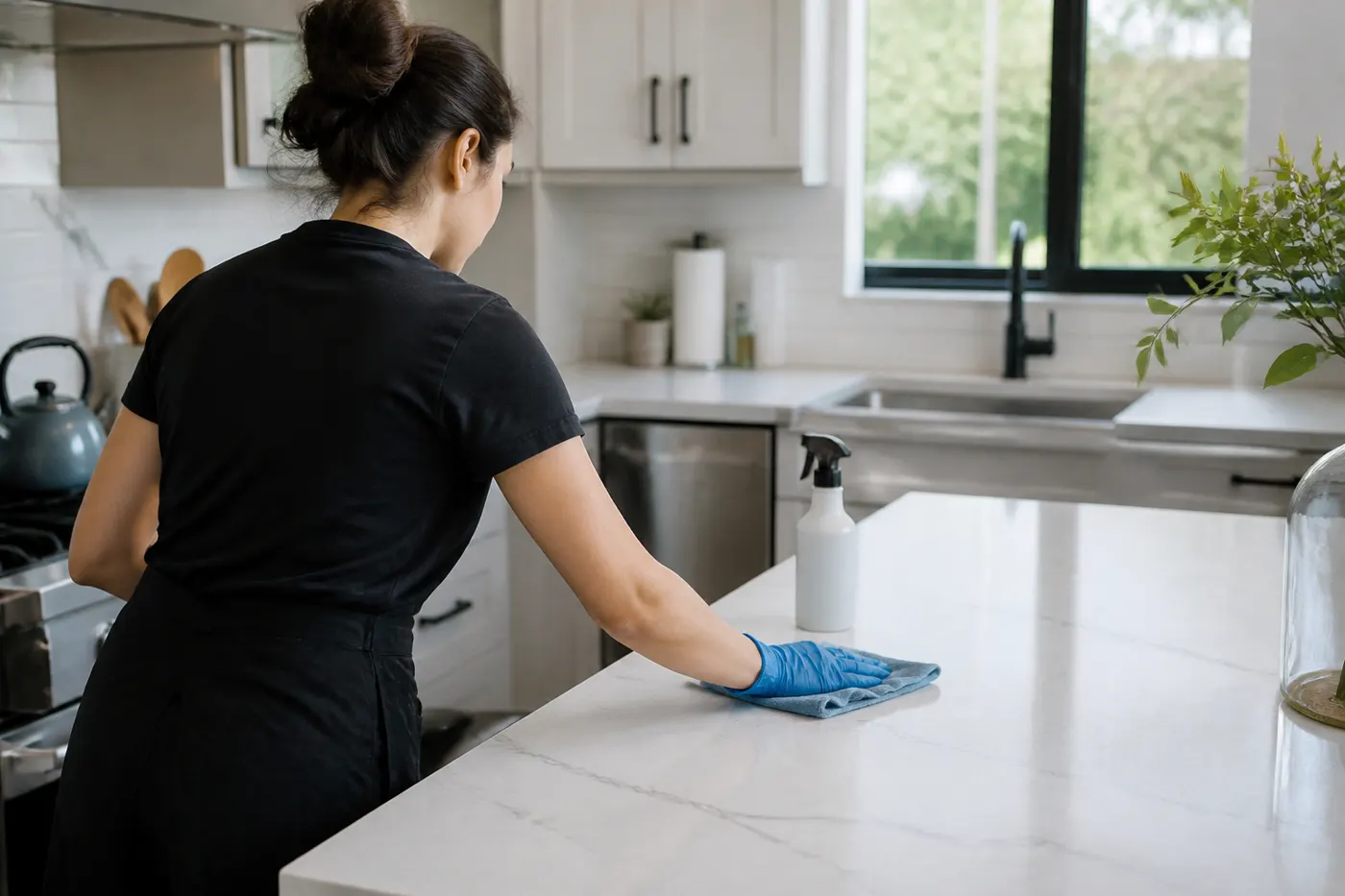 Cleaner wiping a kitchen counter during a recurring home clean