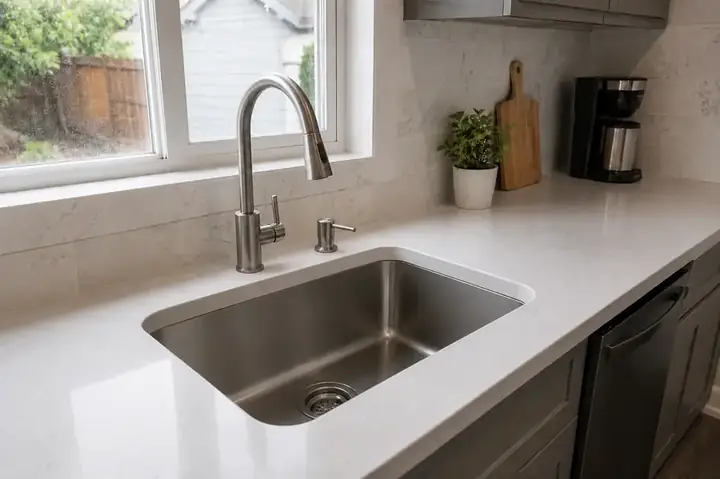 Same kitchen sink and counters after a Nest & Pine demo clean