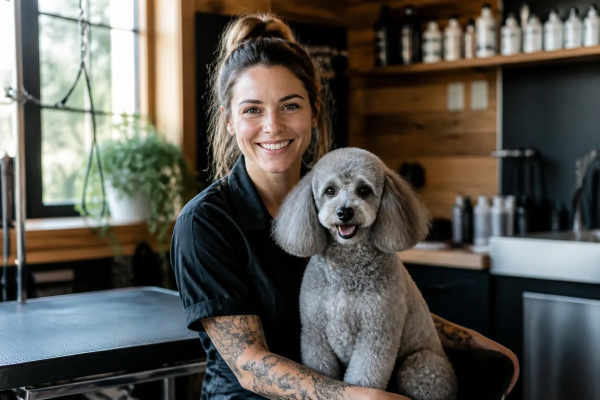 Cedar Lane groomer with a neatly trimmed poodle in the studio
