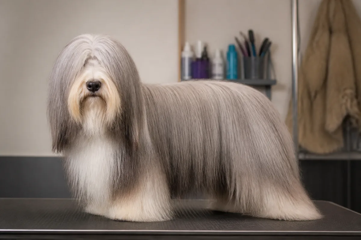 Same long-haired dog after a Cedar Lane brush-out and trim