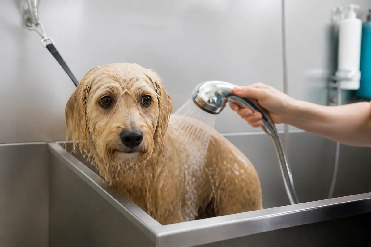 Dog receiving a gentle bath in a professional grooming tub