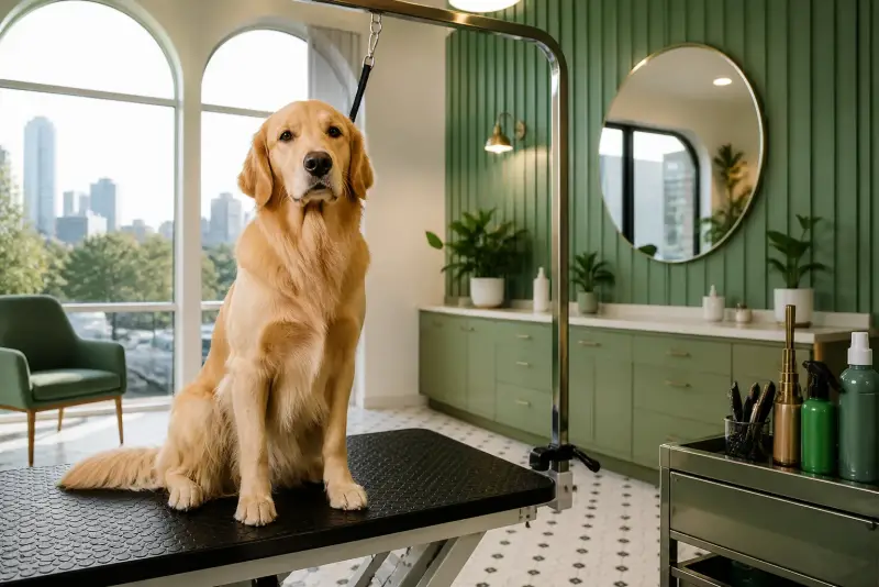 Golden retriever on a grooming table in a bright Bloom & Brush studio